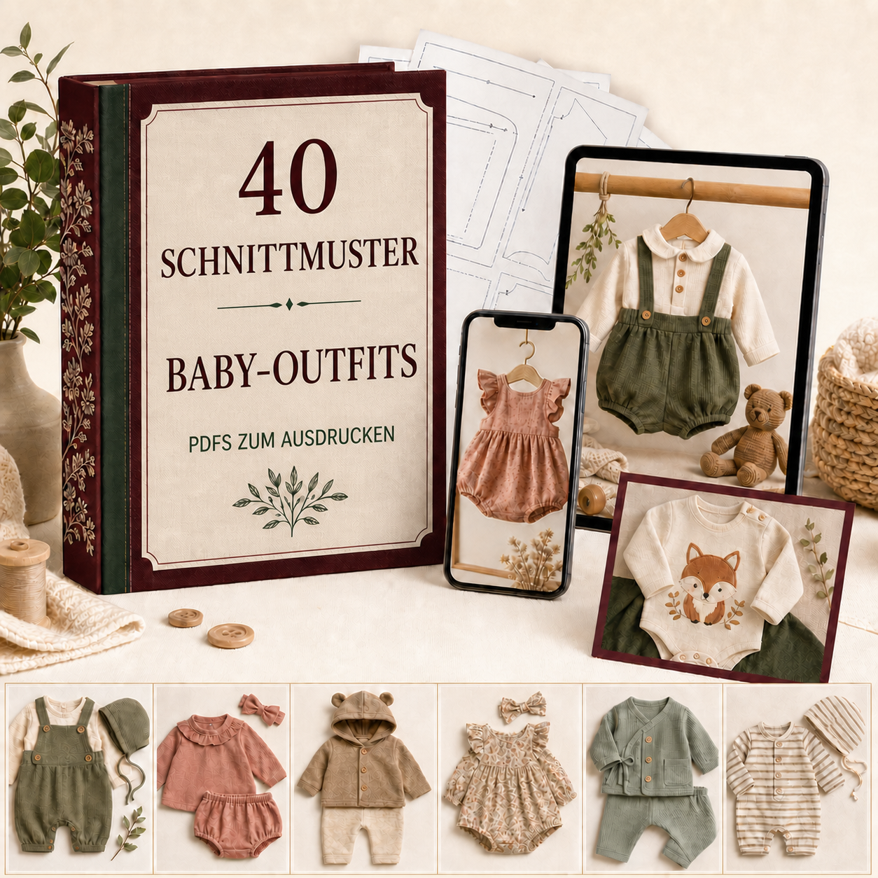 Digitales Paket mit 40 Schnittmustern für Babysets